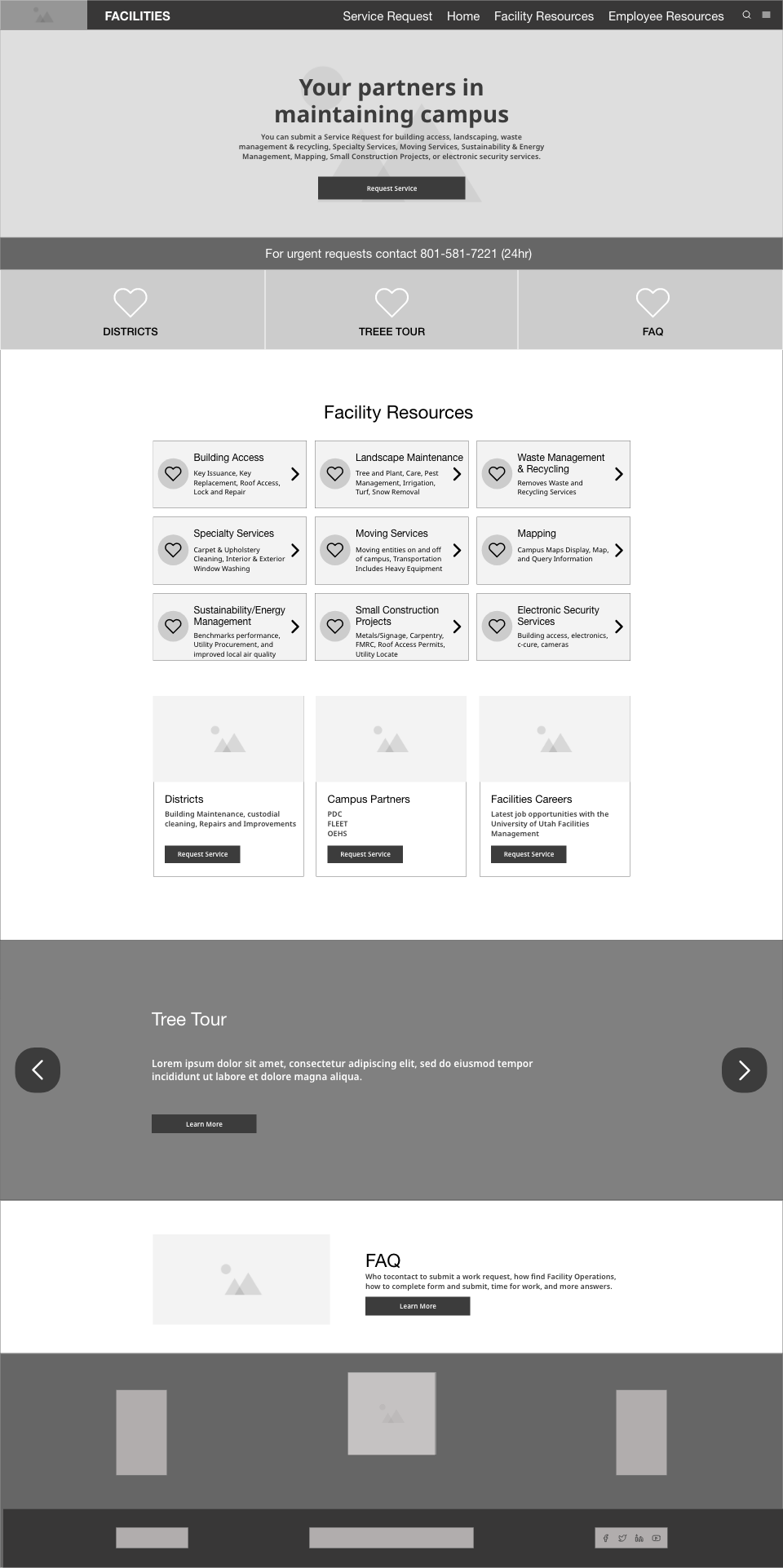 Low fidelity wireframe re-design option one for the homepage