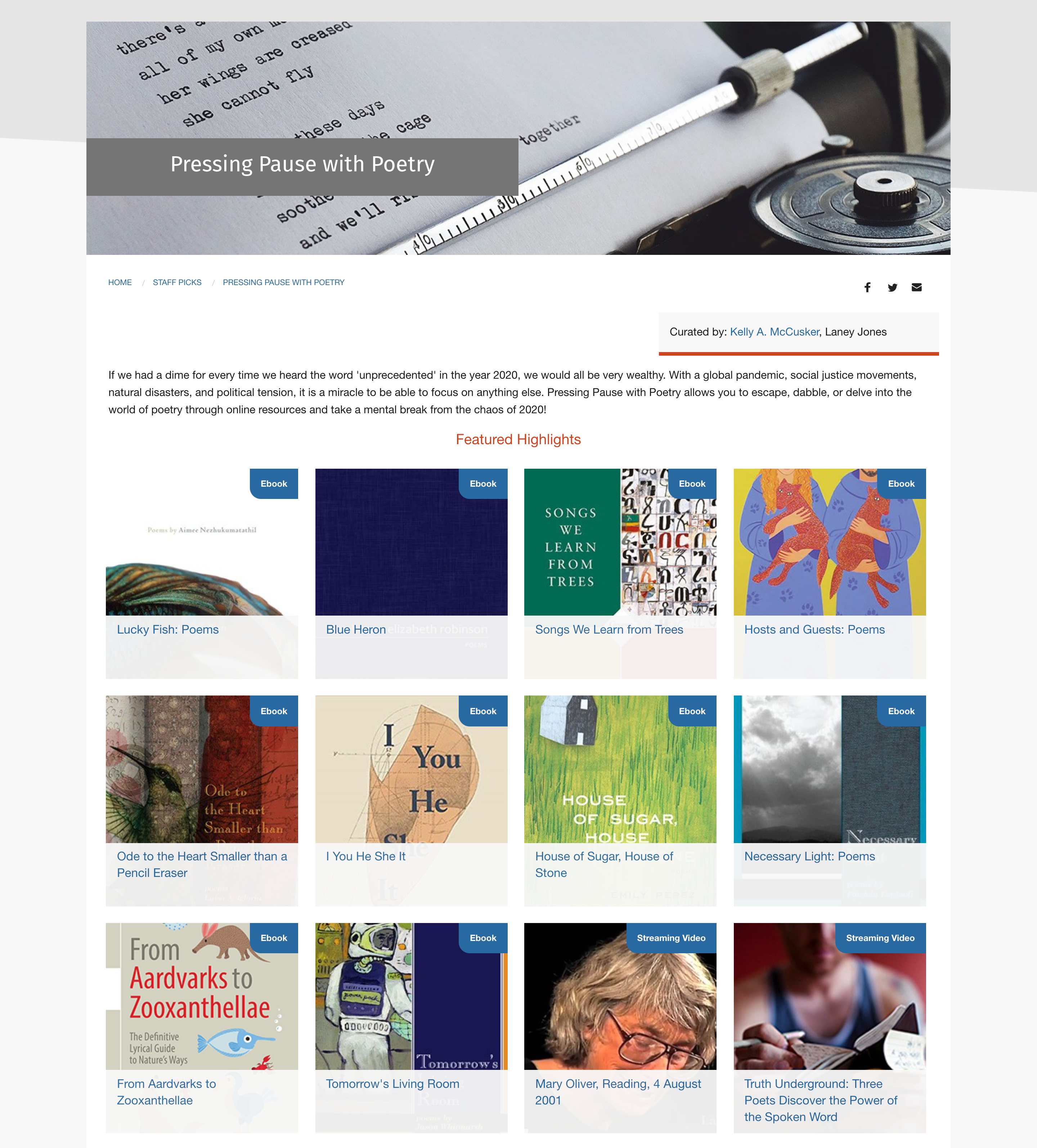 Screenshot of pausing with poetry Curated Books page